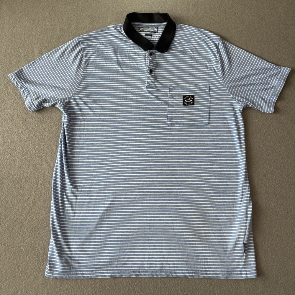 Oakley Golf Short Sleeve Polo Shirt Mens L‎ Blue White Striped Evrywhre Pkt Polo